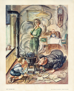 136050 Afbeelding van een huiskamer met een slecht brandende, rokende kachel waarop moeizaam een maaltijd wordt bereid ...